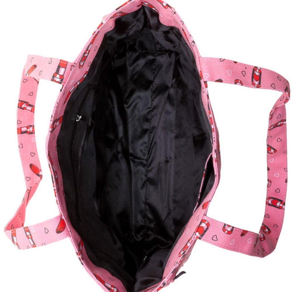 Sourpuss Canvas Carry All Tote Bag Pink with Red Lipsticks & Hearts New - Picture 4 of 9